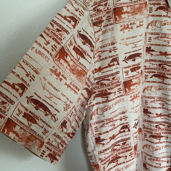 Vintage Woolrich Short Sleeve Button Down Fishing Lures Tan Rust Shirt Size L - Picture 7 of 11